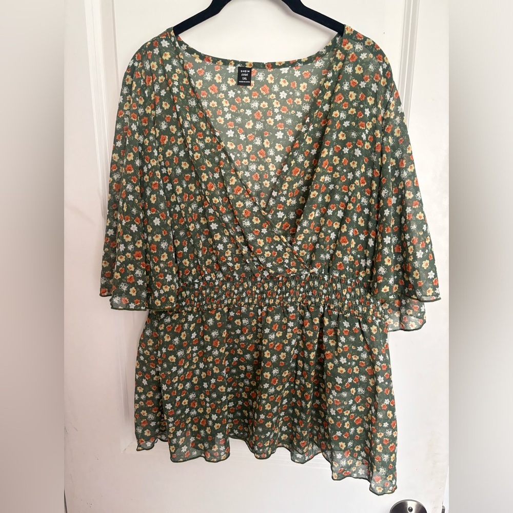 Green Floral V-Neck Blouse NWOT | Elastic Waist Peplum | Spring Summer| 1XL